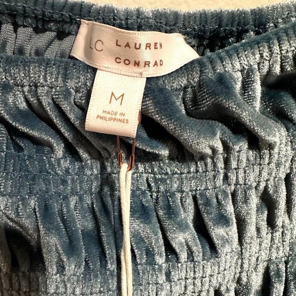 Lauren Conrad LC Blue Velvet Long Sleeve Dress Smocked Top Medium Women Babydoll - Picture 2 of 4